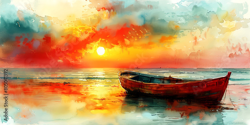 Old boat on the beach at sunset. Watercolor painting.