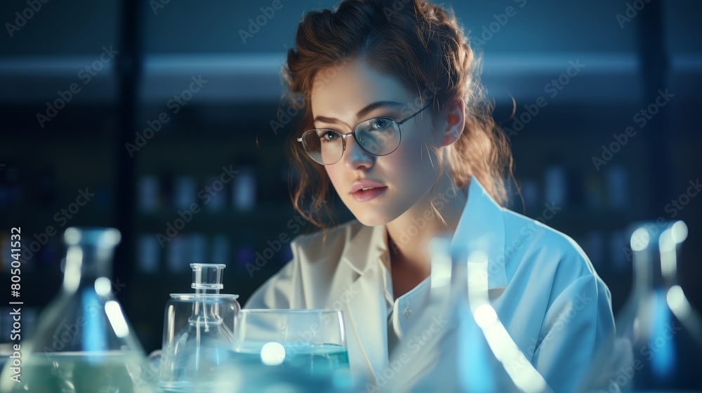 A beautiful young woman in a lab coat and glasses is working in a laboratory. She is looking at a beaker of blue liquid. A beautiful young woman in a lab coat and glasses is working in a laboratory. She is looking at a beaker of blue liquid.