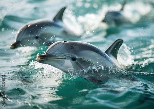 Playful Dolphins Swimming Close-up in Crystalline Aquamarine Waters