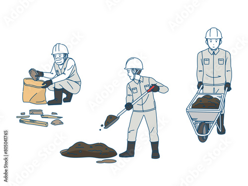 土木工事　瓦礫や泥を撤去する土木作業員の男性のイラスト