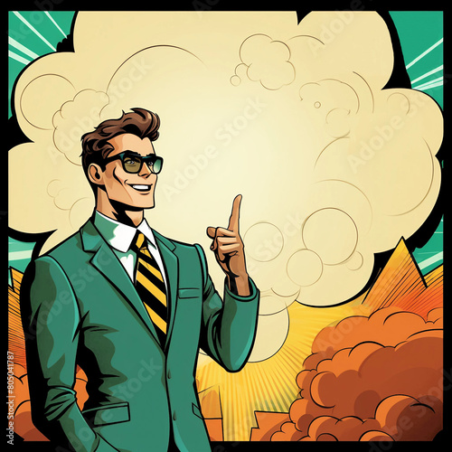 Vintage Pop Art Comic Style Illustration of a Businessman Pointing at a Thought Cloud