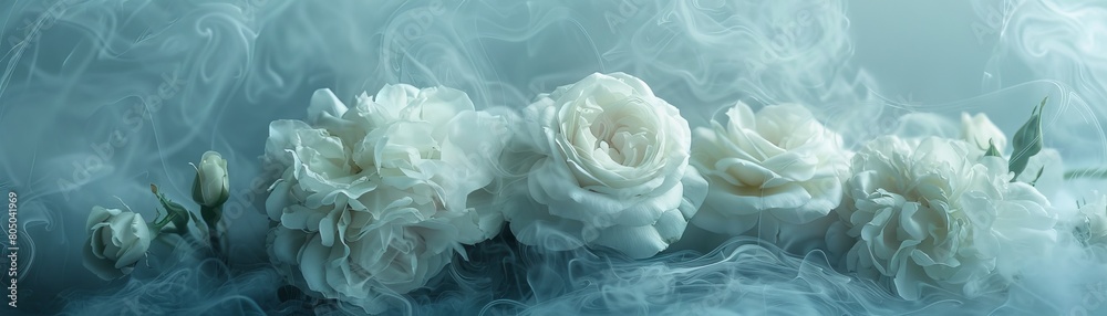 A close up of white flowers with steam in the background