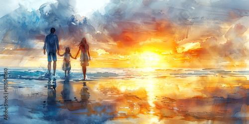 Digital painting of a couple walking on the beach at sunset.