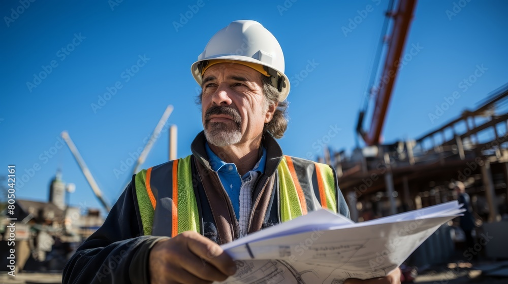 A construction worker wearing a hard hat and safety vest is looking at blueprints while standing at a construction site. A construction worker wearing a hard hat and safety vest is looking at blueprints while standing at a construction site.