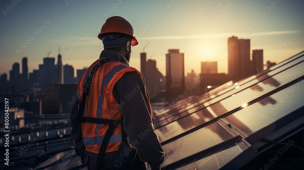 Obraz premium A construction worker wearing a hard hat and safety vest stands on a rooftop at sunset, looking out over a city skyline.