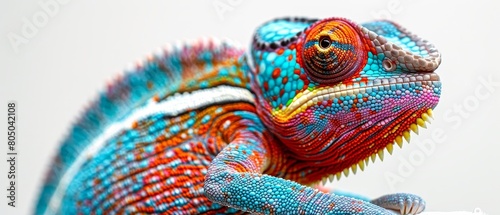 A colorful chameleon with a blue head and red and yellow body