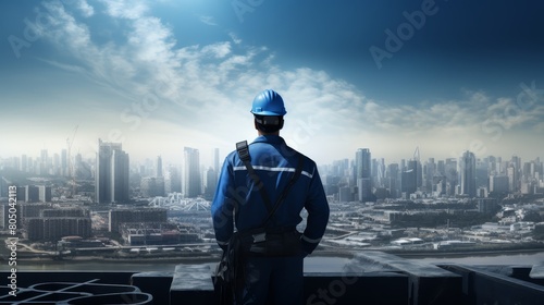 A construction worker wearing a blue hard hat and blue coveralls is standing on a rooftop, looking out at a cityscape.