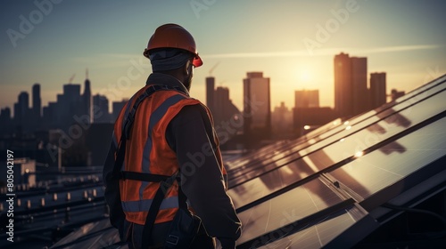 A construction worker wearing a hard hat and safety vest stands on a rooftop at sunset, looking out over a city skyline. photo