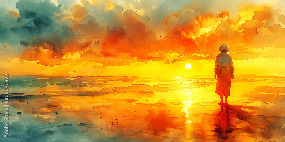 Sunset over the sea. Watercolor painting.