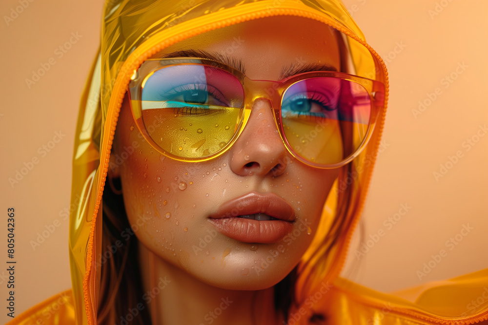 Close up beautiful woman with sunglasses and yellow metallic hooded raincoat. Fashion studio photoshoot. Close up beautiful woman with sunglasses and yellow metallic hooded raincoat. Fashion studio photoshoot.