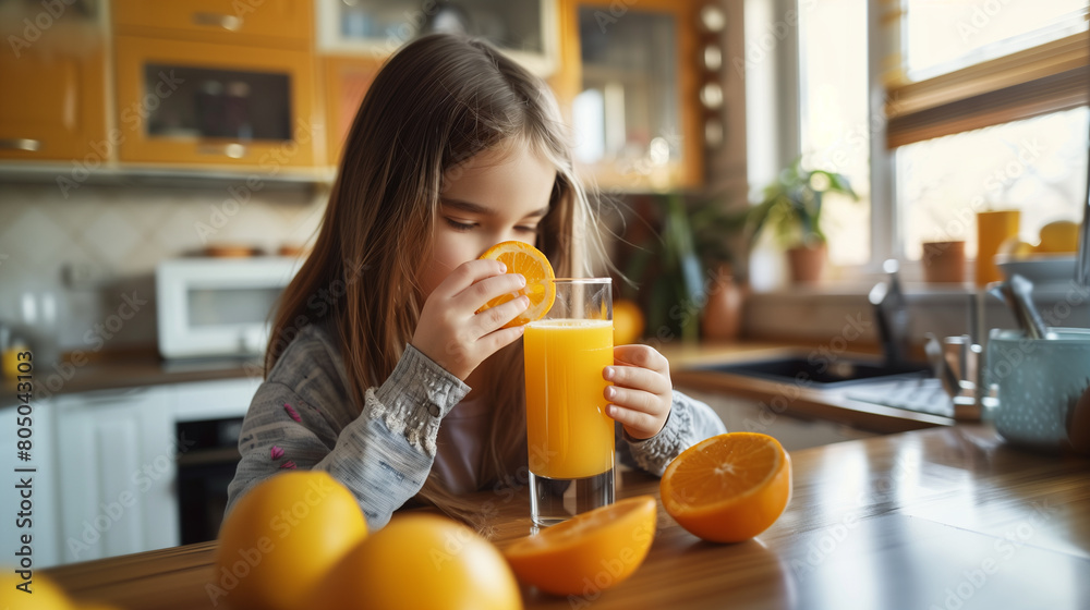 Girl Enjoying Freshly Squeezed Orange Juice in Sunlit Kitchen - Healthy Morning Ritual. Girl Enjoying Freshly Squeezed Orange Juice in Sunlit Kitchen - Healthy Morning Ritual.
