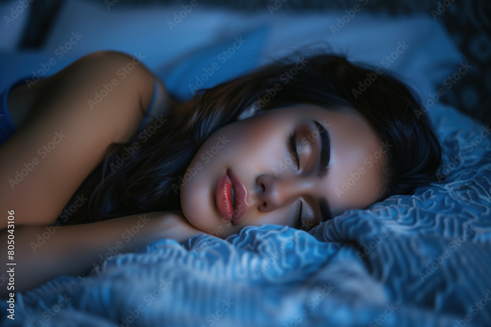 Young woman sleeping peacefully in a serene blue bedroom environment Young woman sleeping peacefully in a serene blue bedroom environment