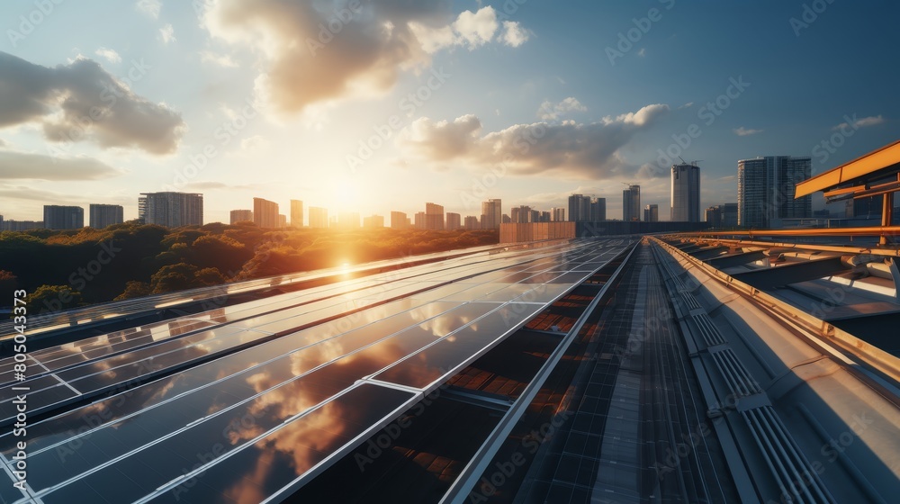 A large solar panel farm on the roof of a building with a beautiful sunset in the background.