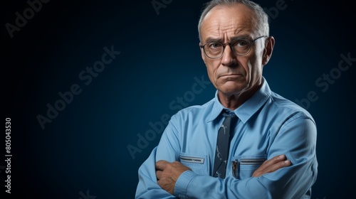 A man in his 50s with short gray hair and glasses wearing a blue shirt and tie