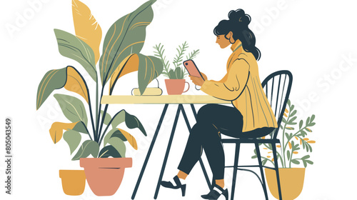 Female freelancer using smartphone in a cafe Hand dra