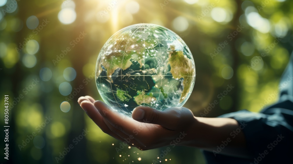 A photo of a hand holding a glowing Earth in the palm of their hand with a green background. A photo of a hand holding a glowing Earth in the palm of their hand with a green background.