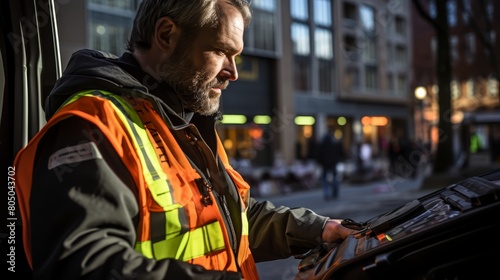 A man wearing a reflective vest operates a street sweeper.