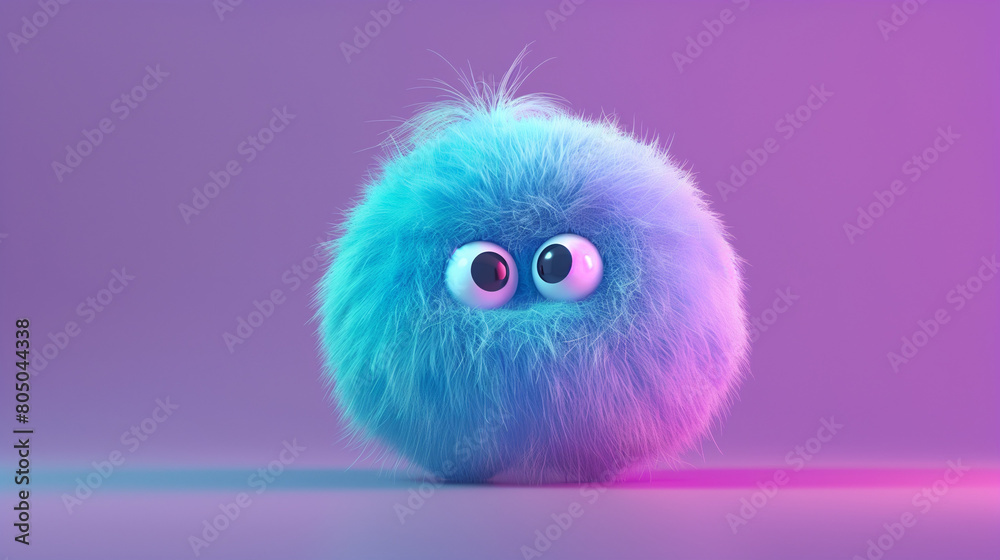 A 3D render featuring a cute blue fluffball with two eyes set against a purple background, presented in a minimalistic style. The design showcases simplicity and charm, with the fluffy texture A 3D render featuring a cute blue fluffball with two eyes set against a purple background, presented in a minimalistic style. The design showcases simplicity and charm, with the fluffy texture