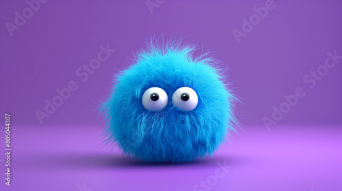 A 3D render featuring a cute blue fluffball with two eyes set against a purple background, presented in a minimalistic style. The design showcases simplicity and charm, with the fluffy texture