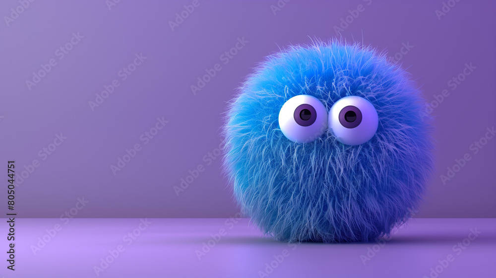 Fototapeta premium A 3D render of a cute blue fluffy ball with two eyes on a purple background, presented in a minimalistic style with a simple design. This adorable creature is a cute monster concept art featuring 