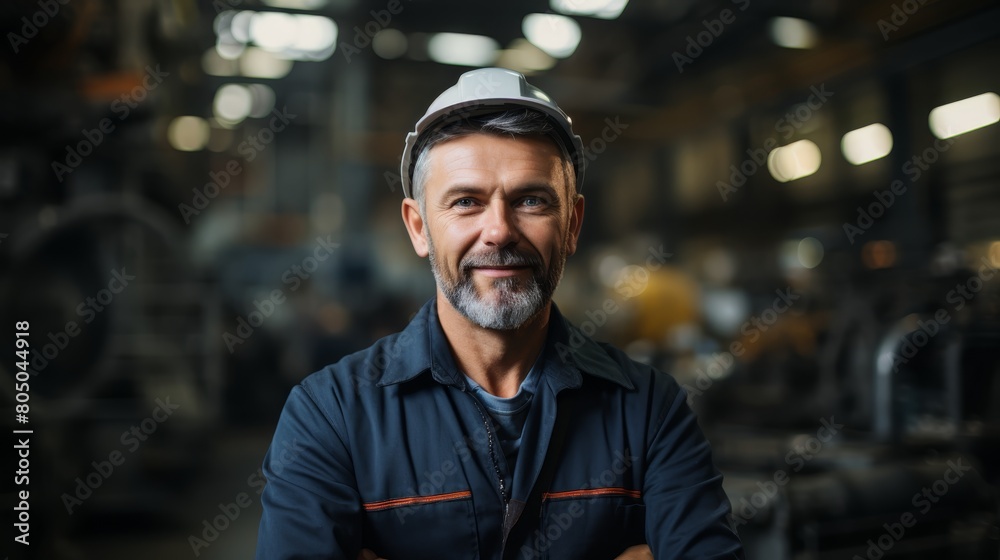 Portrait of a smiling male factory worker wearing a hard hat.