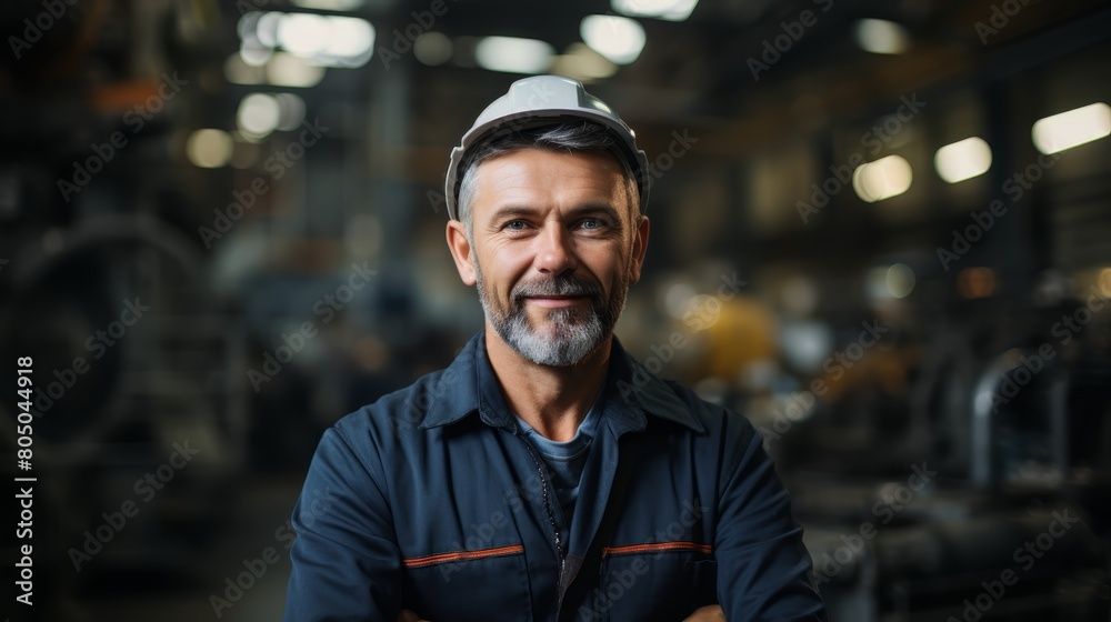 Portrait of a smiling male factory worker wearing a hard hat. Portrait of a smiling male factory worker wearing a hard hat.