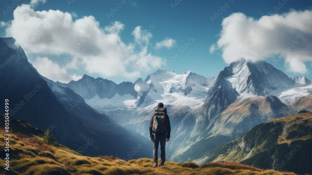 A person with a backpack stands in front of a mountain and looks at the mountains