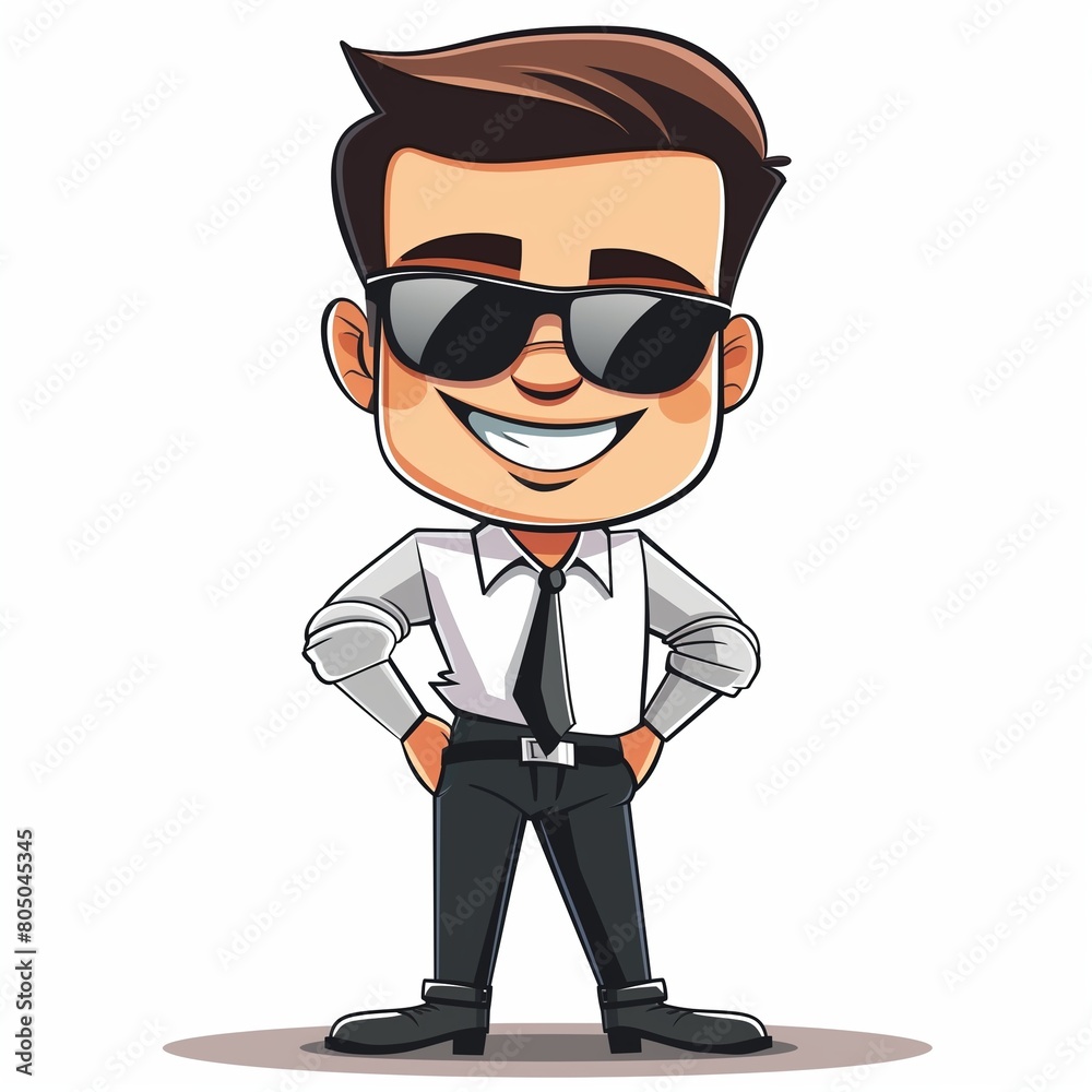 Confident Businessman Cartoon Character with Sunglasses and Hands on Hips Pose