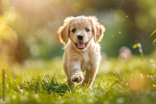 A playful puppy races towards the camera through lush green grass in a sunny field