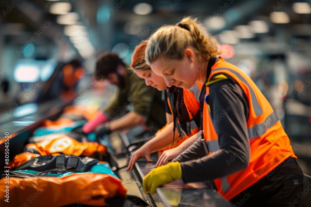 A woman wearing an orange safety vest is seen closely inspecting and working on a piece of luggage at the airport