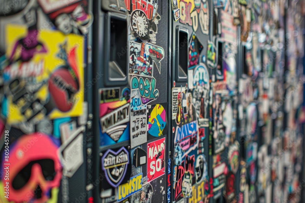 A wall completely covered in a variety of stickers, showcasing a colorful and eclectic display