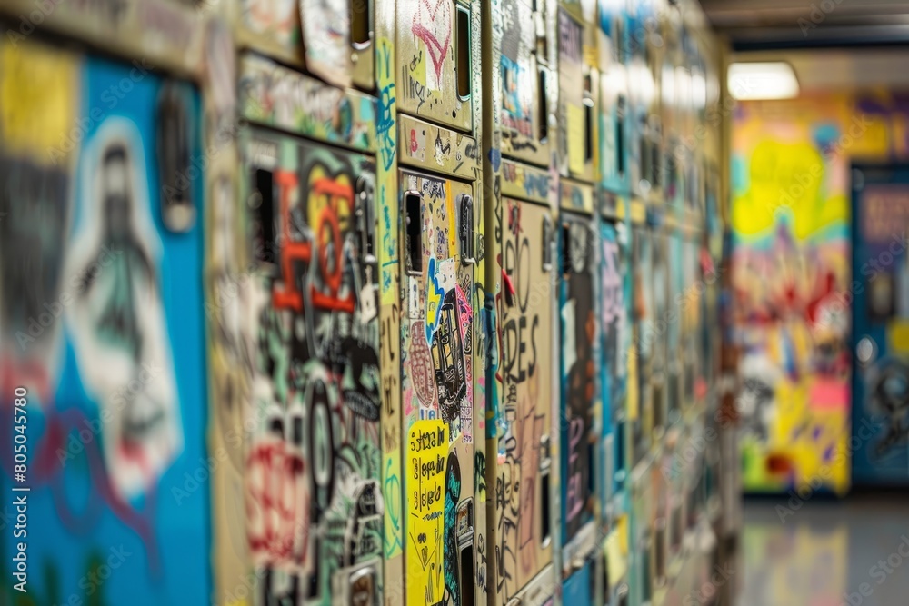 Closeup of a wall adorned with a diverse array of stickers showcasing different colors, shapes, and designs