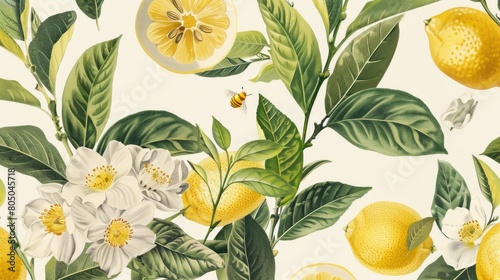A painting of a lemon tree with a bee on it photo