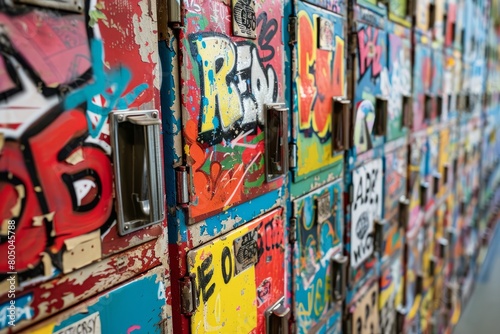 A closeup of a vibrant display of graffiti covering a section of school lockers. Various colors and designs create a lively urban scene