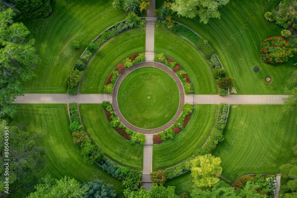 Drone photo of a neatly arranged circular lawn in a park with radial pathways extending outward