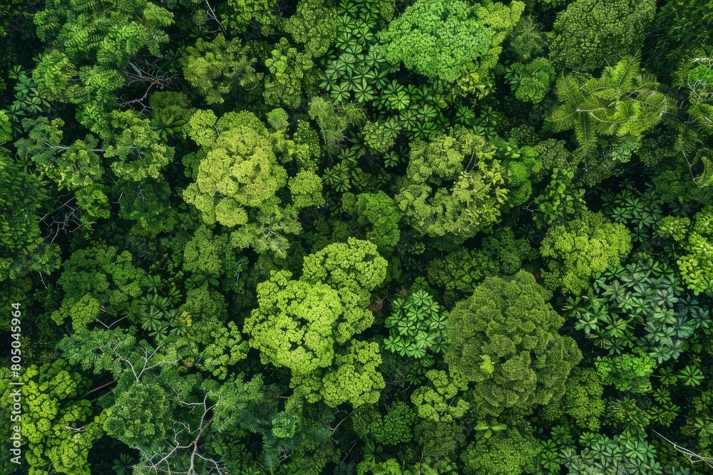 A high-angle aerial view of a dense green forest canopy being inspected by drones for health assessments
