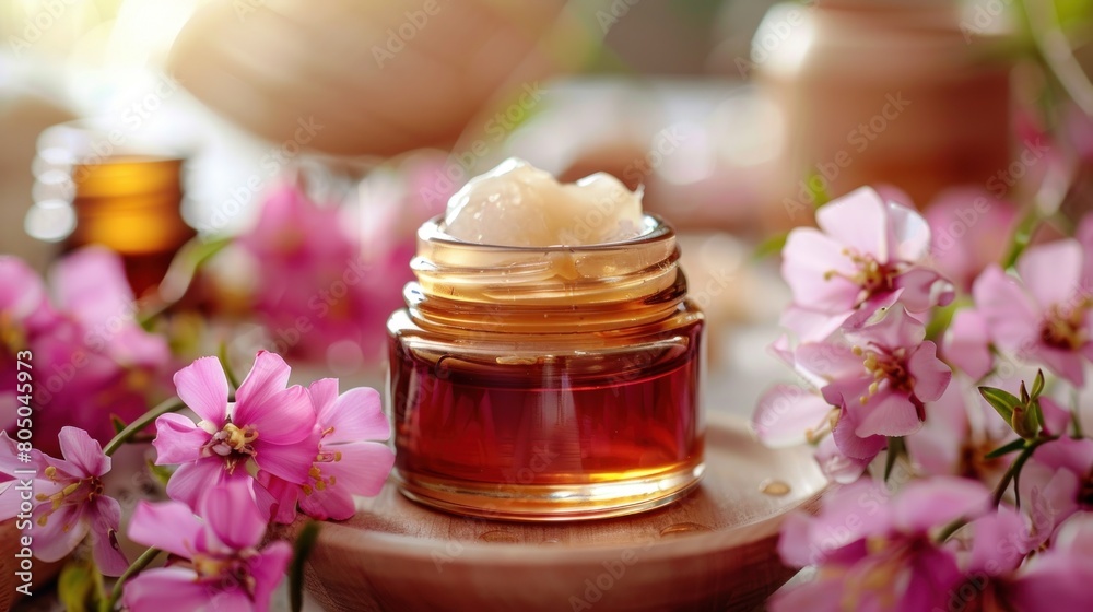 A jar of lotion sits on a wooden table next to a bunch of pink flowers A jar of lotion sits on a wooden table next to a bunch of pink flowers