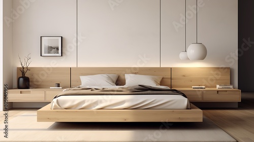 A minimalist wooden platform bed with integrated nightstands, offering sleek style and functionality in a modern bedroom photo