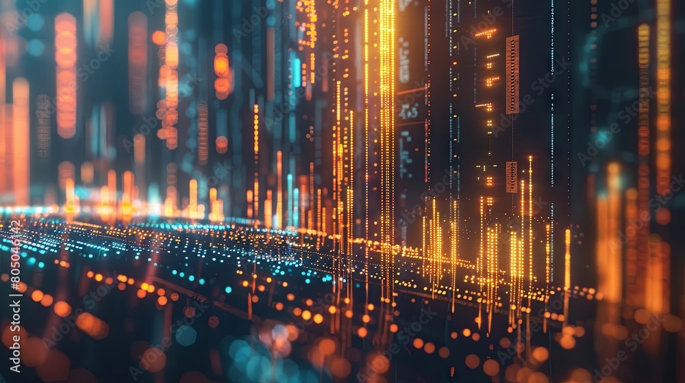 Fototapeta premium Abstract digital landscape with glowing neon lines and particles