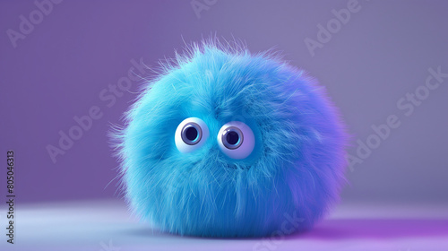 A 3D render of a cute blue fluffy ball with two eyes on a purple background, presented in a minimalistic style with a simple design. This adorable creature is a cute monster concept art featuring 