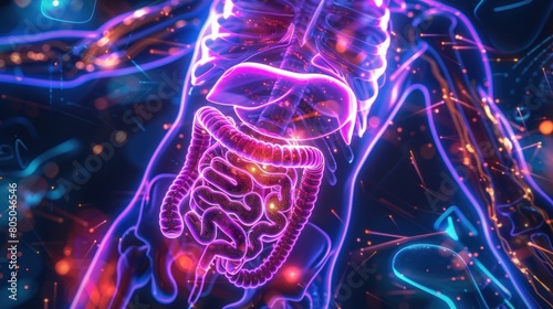 A colorful, glowing image of a human body with a purple stomach photo