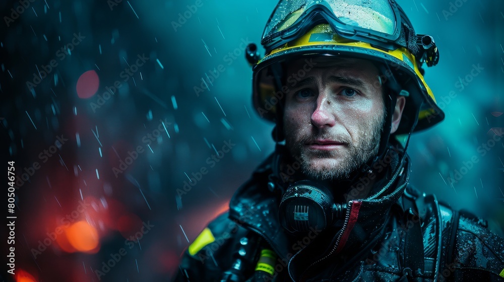 A man in a fireman's hat is standing in the rain A man in a fireman's hat is standing in the rain
