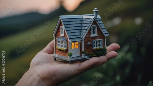 A model of a tiny house on a human hand, symbolizing the concept of purchasing a home or property in the real estate market.