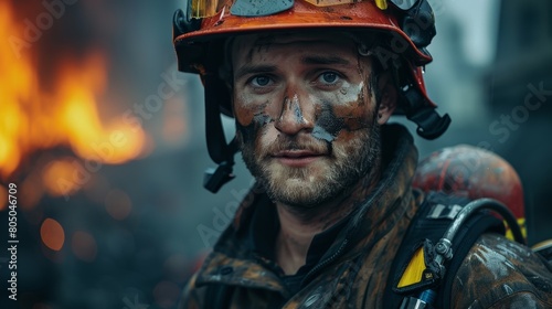 A firefighter is wearing a dirty helmet and is looking at the camera