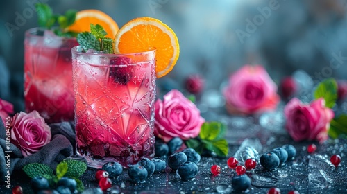   A tight shot of two glasses, each holding a drink, and adorned with fruit and flowers on their respective sides photo