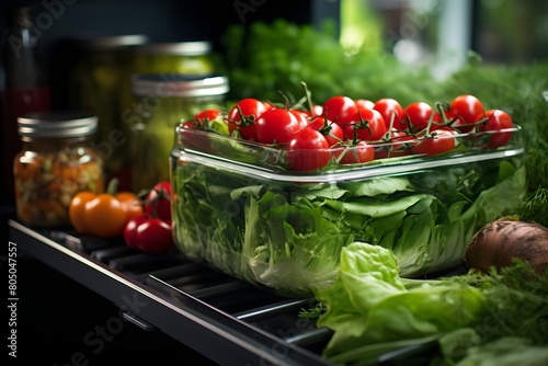 Fresh vegetables in a plastic container on the table in the kitchen.