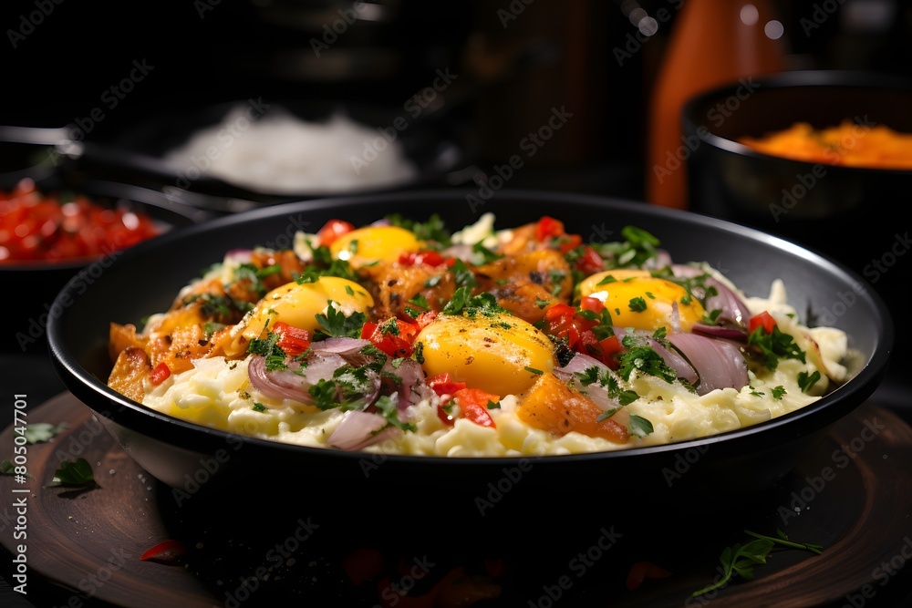 Lunch bowl with mashed potatoes, fried eggs and vegetables on dark background Lunch bowl with mashed potatoes, fried eggs and vegetables on dark background