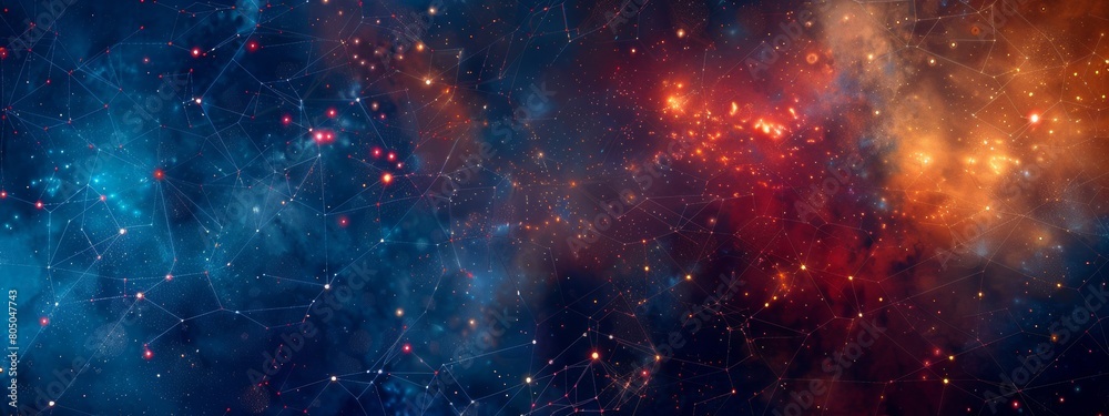 Fototapeta premium Abstract digital background with glowing light dots and network connections on dark blue, red, and orange colors.