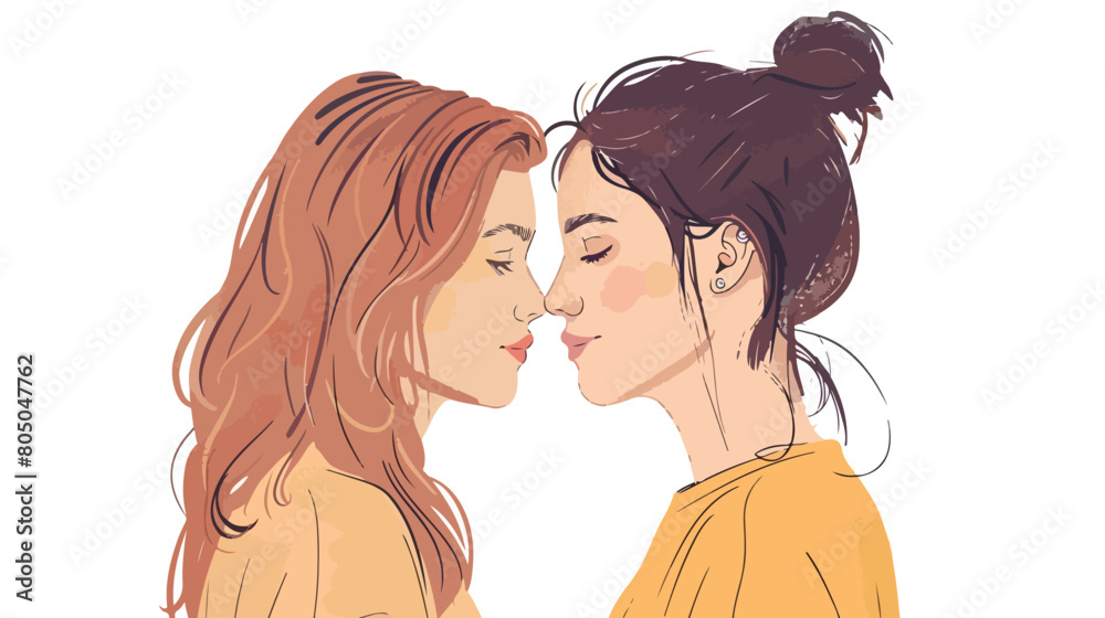 Flirty lesbian couple touching their noses Hand drawn