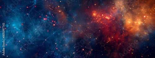 Abstract digital background with glowing light dots and network connections on dark blue  red  and orange colors.